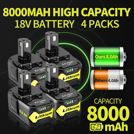4 Pack 8.0Ah High Capacity Replacement for Ryobi 18v Battery P108 P104 P105 P102 P103 P122 P109 Li-ION Compatible with Ryobi 18V ONE+ System Cordless Power Tools and Charger