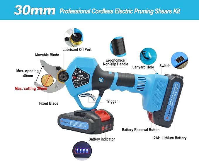 KOMOK Electric Pruning Shears, Cordless Electric Pruner Battery Operated Tree Branch Cutter with 2pcs 2Ah Lithium Batteries, 1.2 inch (30mm) Cutting Diameter 8-10 Working Hours