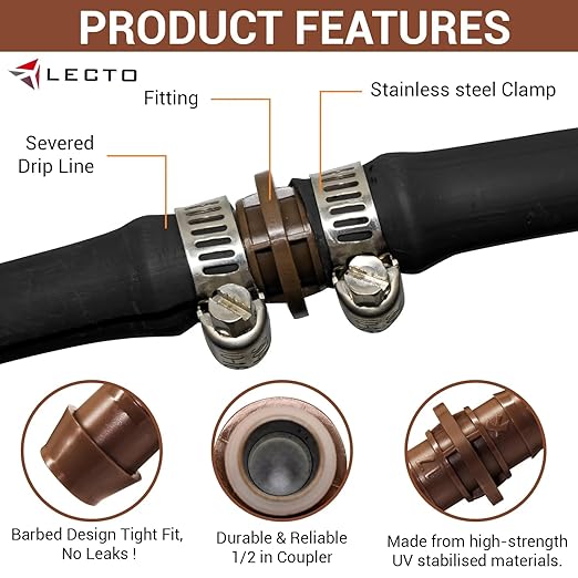 LECTO Universal 5/8", 1/2", .700" Drip Line Repair & Extension Kit – Plastic Coupler with 2 Stainless Steel Hose Clamps