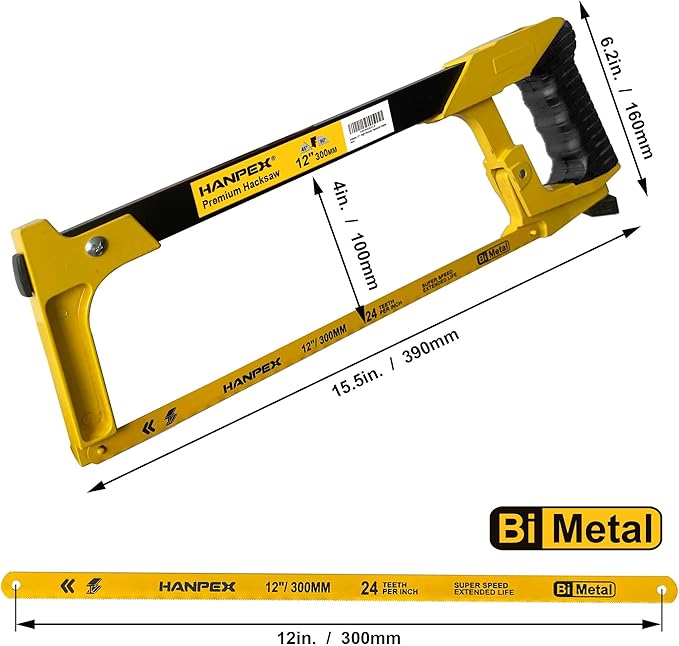 12in. High-Tension Hacksaw Frame with 24 TPI Bi-metal HSS Blade, Hand Saw Suitable for Metal, wood, PVC, Carpentry