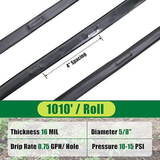 5/8" Drip Tape 1010FT, 4" Spacing Roll,16 Mil Garden Irrigation Tubing Hose, Adjustable Drip Tape Irrigation, Automatic Drip Irrigation System for Flowers, Plants, Fruits, 0.75 GPH/Hole