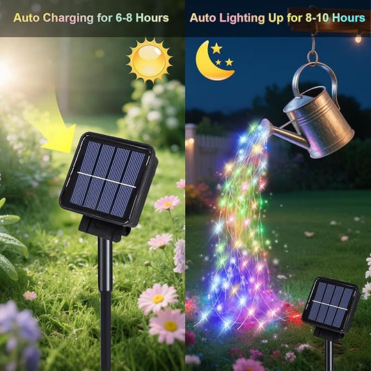 Solar Waterfall Fairy Bunch Lights Outdoor Waterproof 200LEDs 8 Modes Watering Can Light , Muticolor Solar Powered String Lights Firefly Vine Christmas Tree Garden Decorations Gardening Gifts For Mom