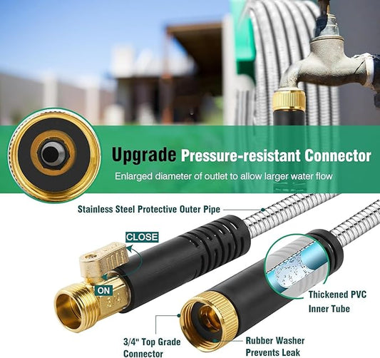 200FT Metal Garden Hose 304 Stainless Steel Flexible Water Hose - No Kink & Tangle Heavy Duty Pipe with Nozzle, Durable 3/4 Metal Fittings and Valve - Rust Proof Puncture Proof for Yard Lawn