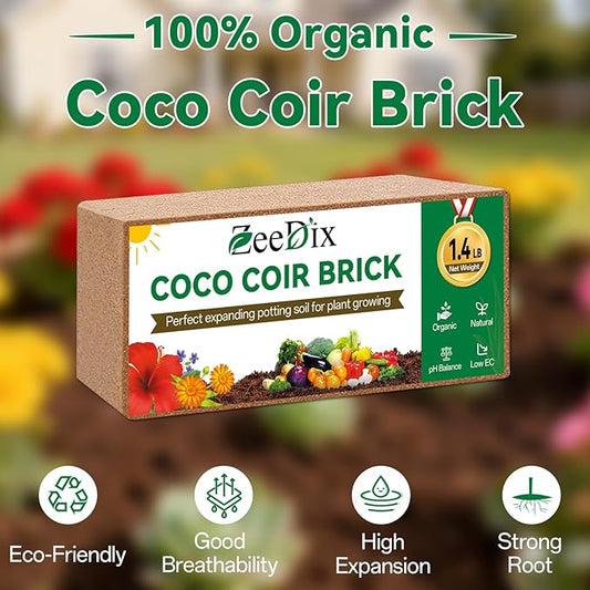 ZeeDix 4 Pcs Premium Coco Coir Brick - 100% Organic Compressed Coconut Coir Starting Mix, Coco Fiber with Low EC and PH Balance for Gardening, Potting Soil, Herbs