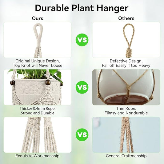 USLAI Macrame Plant Hanger for Indoor Outdoor, Up to 3-6.5 inch Pot, Hanging Planter Flower Pot Holder with Beads and Tassels, Boho Home Decor, 2-Pack, Ivory
