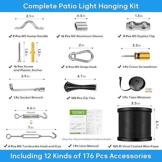 String Light Hanging Kit with 164FT Vinyl Coated Stainless Steel 304 Wire Rope Suspension Kit Included Enough Accessories with Turnbuckles and Hooks for Patio, Garden and Wedding Lighting