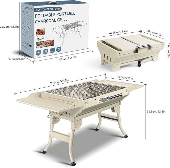 Portable Charcoal Grill Foldable Grills BBQ Grill Charcoal Small Grill for Travel, Camping, Outdoor Cooking, Backyard, Hiking, Patio Garden, Picnics,Beige