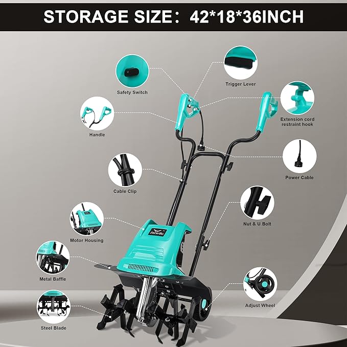 Tiller Cultivator 17 inch 15 Amp 6 Steel Tines Tillers for Gardening Electric Rototiller for Garden Yard