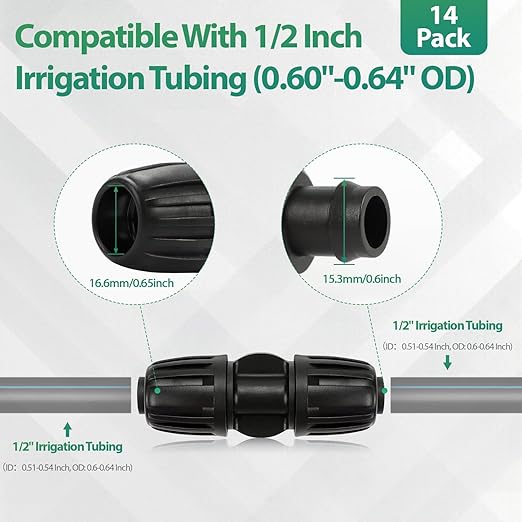 14 Pcs 1/2 Inch Irrigation Tubing Coupling Fittings, (1/2" ID x0.6-0.65" OD) 16mm Drip Tubing Barbed Locked Nuts Connectors Anti-Drop 1/2" Coupler Parts for Garden Lawn Irrigation System