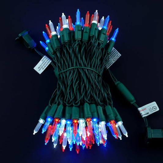 100 Red White Blue One-Piece LED Christmas Lights, 33 ft Green Cord High Waterproof UL Certified Patriotic Outdoor String Lights (Red White & Blue)