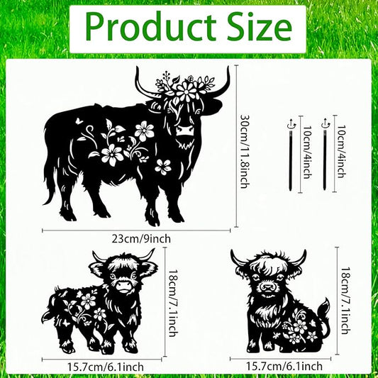 Highland Cow Metal Garden Stakes Yard Decor, 3PCS Black Cow Silhouette Statues Garden Decorative Gifts for Yard Art, Patio, Outside, Lawn Ornaments Outdoor, Yard Art