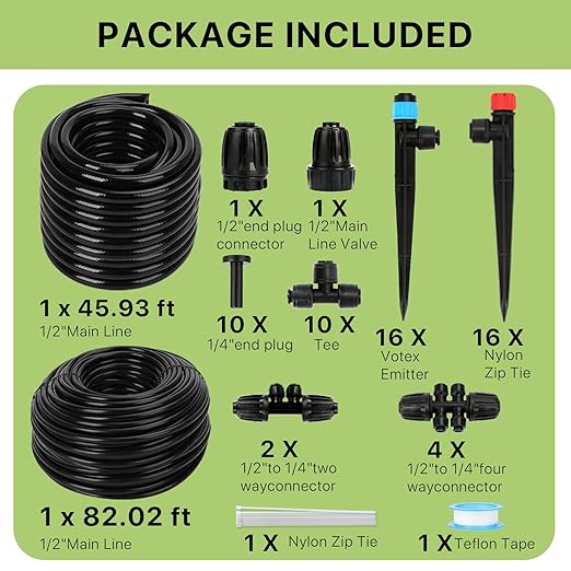 Drip Irrigation System – 2025 Upgraded Garden Watering System with 46FT 1/2'' Tubing, New Quick-Connect 1/4 inch Fittings Automatic Sprinkler for Garden Lawn Greenhouse Plant Flower Bed