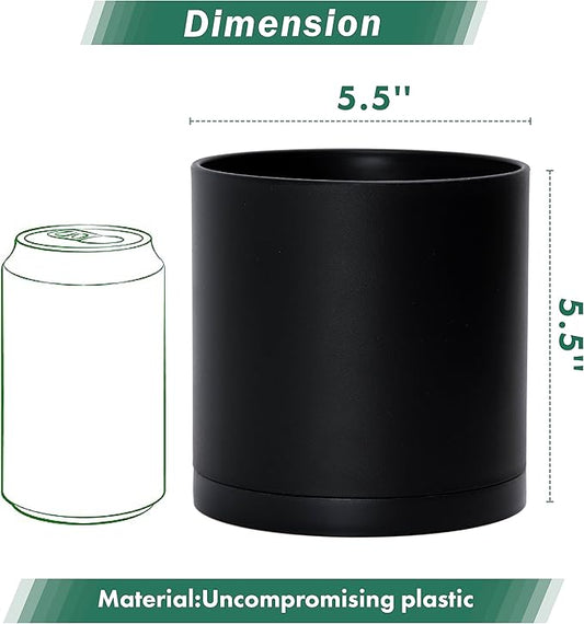 D'vine Dev 4 Pack 5.5 Inch Modern Plastic Plant Pots, Small Garden Planters for Plant with Drainage Holes and Saucers, Black Color, 74-Y-H-2