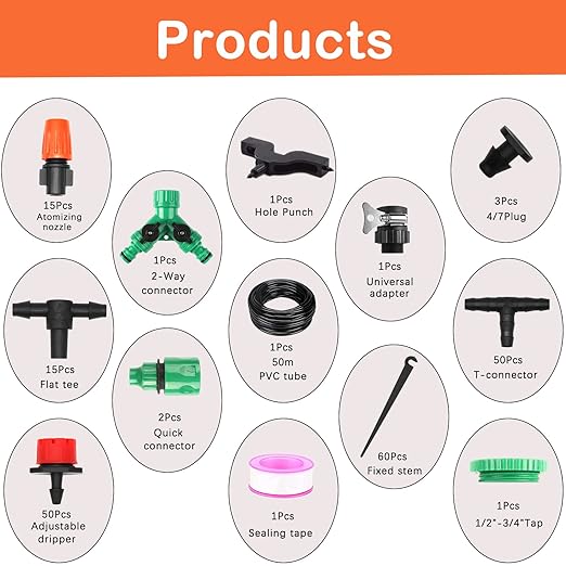 Drip Irrigation System, Irrigation System for Garden with 165FT 1/4 Inch Blank Distribution Tubing, DIY Saving Water Garden Watering System, Automatic Drip Irrigation Kits for Greenhouse Accessories