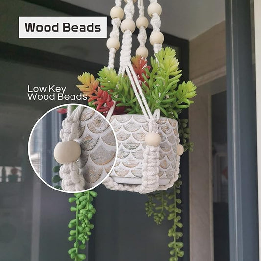 Macrame Plant Hanger Indoor, 23" No Tassel Hanging Plant Holder, Sturdy Flower Pot Holder with 2 Hooks - Ivory (Pot NOT Included)