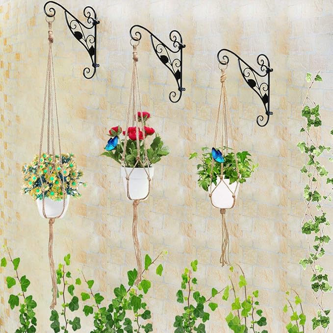 Swpeet 6 Pack 3 Sizes Macrame Hanging Planter Holder Plant Hanger with 6 Pack 2.9 Inch Ceiling Cup Hooks Kit, Hanging Planter Basket Rope Holder for Indoor Outdoor Decorations Beautiful Hanging