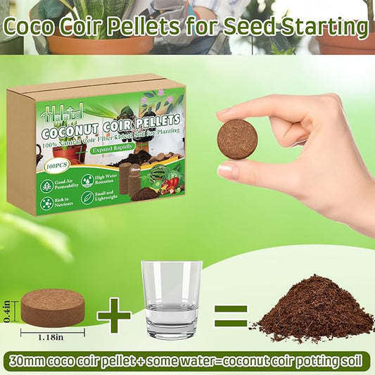 Halatool 100pcs 30mm Organic Coconut Coir Pellets Soil for Seed Starter, Compressed Coco Coir Potting Soil for Growing Vegetables, Fruits, Flowers