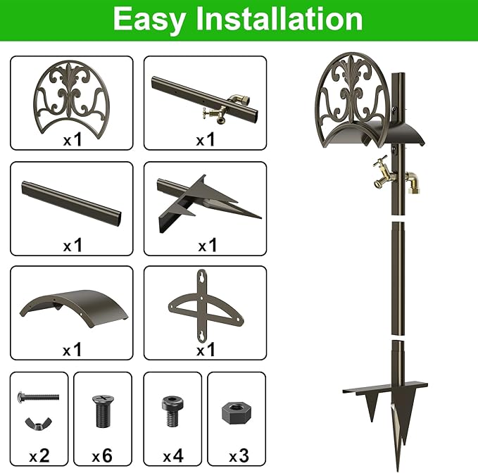 GOFORWILD Garden Hose Stand with Brass Faucet, Detachable Heavy Duty Water Hose Holder, Freestanding Metal Hose Reel Decorative Storage Hanger Holds 150-Feet Hose for Outside Patio Lawn Yard