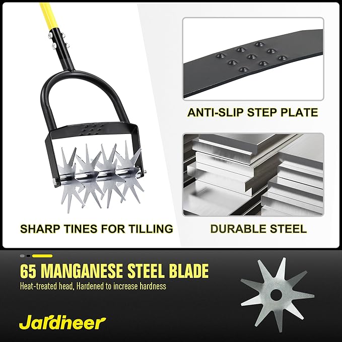 Jardineer Rotary Cultivator for Gardening, Long Handle Garden Cultivator for Soil Mixing, Reseeding, Lawn Aerating, Hand Tiller with Auxiliary Handle Suitable for Women and The Elderly