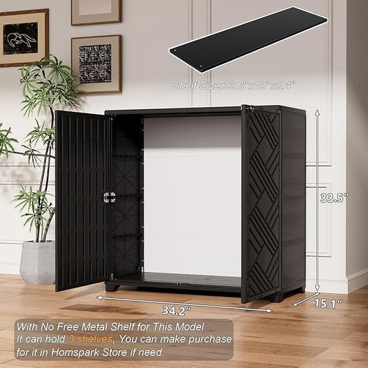 HOMSPARK Indoor/Outdoor Storage Cabinet with Doors, 34”x15”x34” HDPE Plastic Storage Box for Bedroom, Bathroom, Living Room, Balcony, Multi-Purpose for Daily Tools, Black