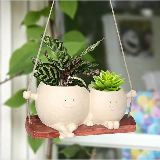 Swing Face Planter Pot Cute Hanging Double Head Flower Planters for Indoor Outdoor Plants Resin Succulent Pots for String of Pearls Plant Live Gift Ideas for Mother Teacher Christmas (Khaki)