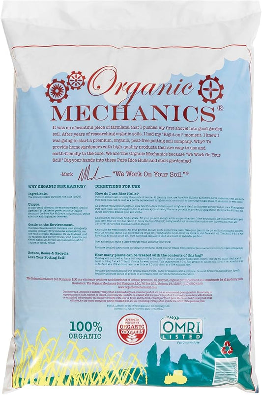 Organic Mechanics Pure Rice Hulls, 2 Cu Ft - Sustainable Alternative to Perlite - Enhances Drainage, Porosity and Air Space - Eco-Friendly
