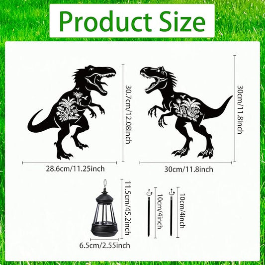Dinosaur Metal Garden Stakes Yard Decor with a Lantern, Black Dinosaur with Flower Silhouette Statues Garden Decorative Gifts for Yard Art, Patio, Outside, Lawn Ornaments, Backyard, Pathway