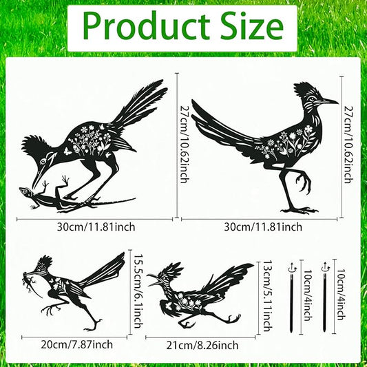 Roadrunner Metal Garden Stakes Yard Decor, 4PCS Black Roadrunner Silhouette Statues Garden Decorative Gifts for Yard Art, Patio, Outside, Lawn Ornaments, Christmas, Backyard, Pathway
