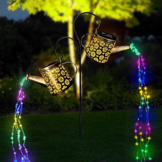 Solar Watering Can Lights Outdoor, IP65 Waterproof Garden Decor Solar Garden Light 8 Multi-Color Changing Modes One Pole Two Lights Outdoor Decorations for Yard, Lawn, Patio