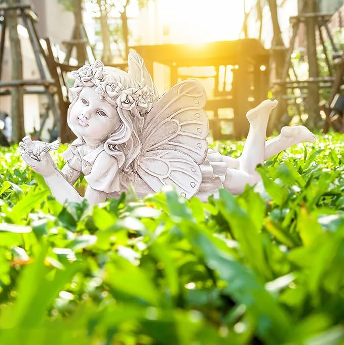 Resin Fairy Statue Holding Bird – Outdoor Garden Fairy Figurine for Yard, Patio or Lawn, Whimsical Fairy Garden Decor for Outside 11” L