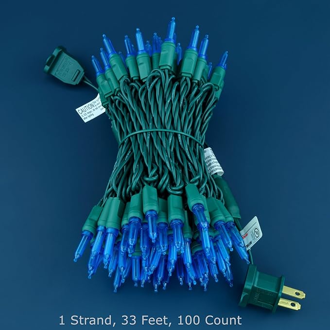 100 Blue One-Piece LED Christmas Lights, 33 ft Green Cord High Waterproof UL Certified T5 Outdoor String Lights (Blue)