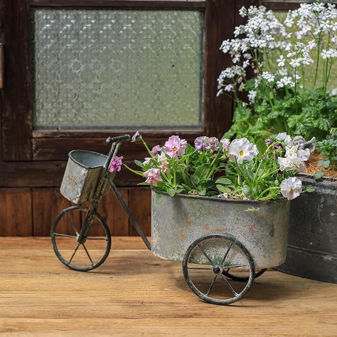 Farmhouse Small Flower Cart Bicycle Planters for Outdoor Plants Bicycle Plant Stand Wagon Planter Rustic Plant Cart for Patio Garden Balcony Gray Green