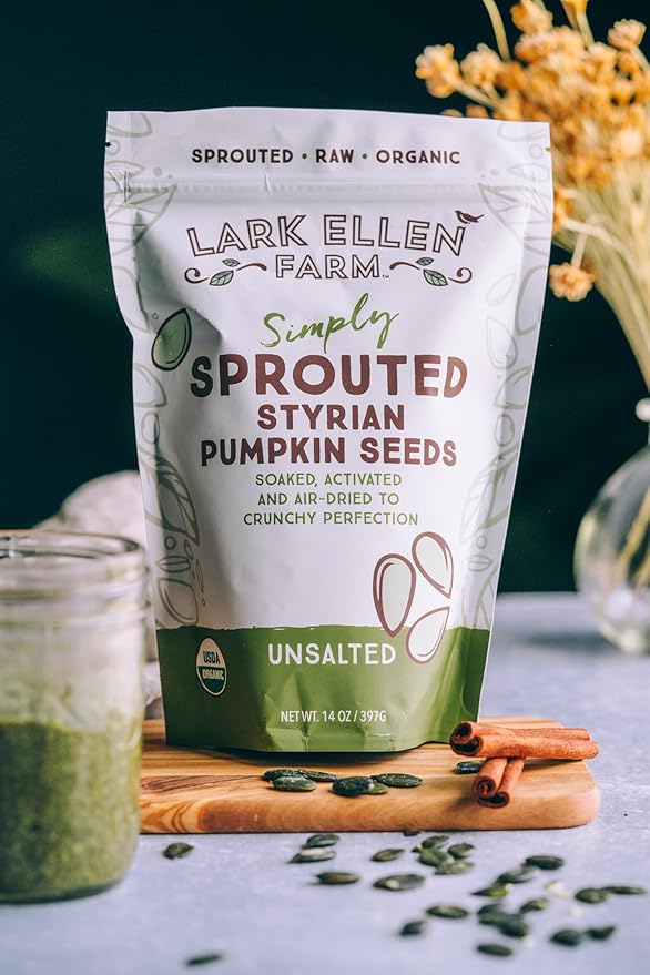 Lark Ellen Farm Sprouted Specialty Gourmet Premium Organic Styrian Pumpkin Seeds from Austria, Large Gourmet Unsalted Raw Pumpkin Seeds Organic, Pepitas, Vegan, Non GMO, Gluten Free, Paleo, and Keto Friendly (14 oz, 6 Pack)