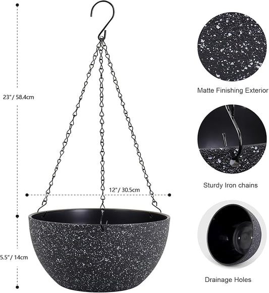 12 inch Large Hanging Planters for Indoor Outdoor Plants, 2 Pack Hanging Flower Pots with Drainage Holes and Chain for Garden Porch, Plastic Hanging Baskets for House Plants, Speckled Black