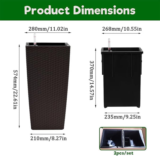 2 Pack Tall Planters for Indoor or Outdoor Plants, Self-Watering Pots with Drain Holes, 22-Inch High Faux Rattan Design Modern Tall Square Planter Box for Porch, Patio, Backyard (Pack of 2, Brown)