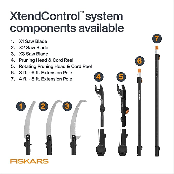 Fiskars XtendControl Extendable Tree Pruner (16 ft), Adjustable Branch Trimmer with 15" X3 Double-Hooked Saw, 4-8 ft Extension Pole, and Secure Locking System for Precision Cutting