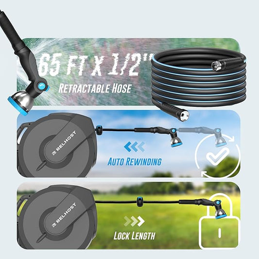 Retractable Garden Hose Reel 65 ft x 1/2 in, Heavy Duty Hose Reel Wall Mount with Any Length Lock, Slow Return System, 180° Swivel Bracket, 10-Pattern Garden Hose Nozzle, Dark Grey