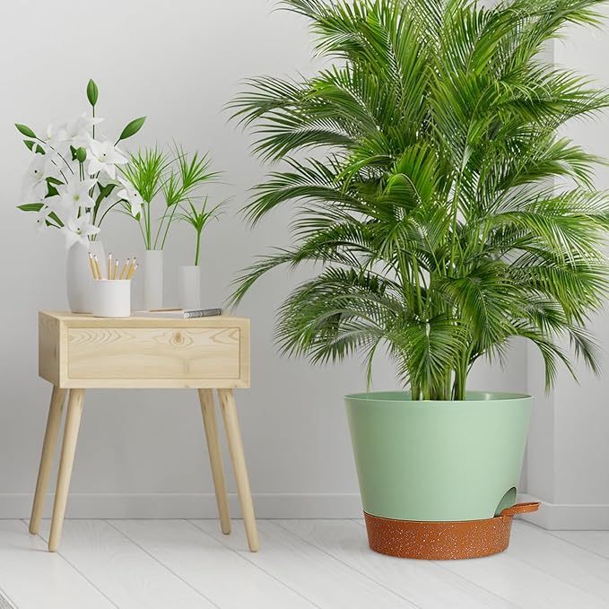 12 inch Large Self Watering Pots for Indoor Outdoor Plants, Flower Plant Pots with Drainage Holes for Garden House Plants, Plastic Planters with Reservoir for Home, Green with Brown