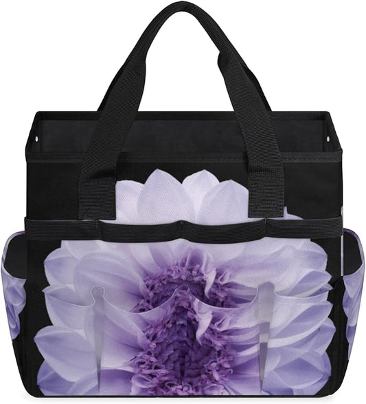 Purple Dahlia Garden Tool Bag Waterproof Gardening Tool Storage Bag with Handle & 10 Pockets Gardening Tote Bag for Women Garden Tool Organizer