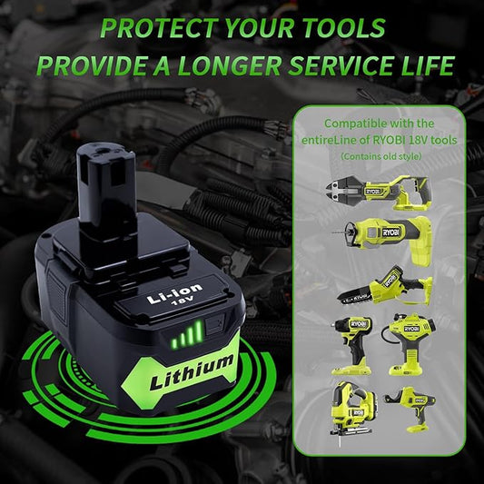 2 Packs 6.0Ah High Capacity Replacement for Ryobi 18v Battery P108 P104 P105 P102 P103 P122 P109 Li-ION Compatible with Ryobi 18V ONE+ System Cordless Power Tools and Charger