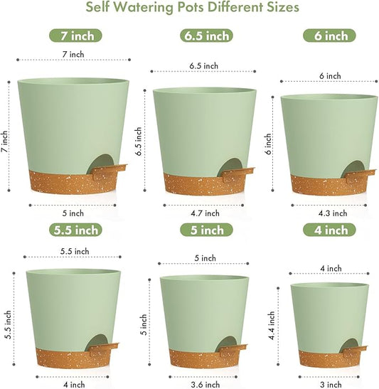 7/6.5/6/5.5/5/4 inch Self Watering Pots for Indoor Outdoor Plants, 6 Pack Plastic Flower Planters with Drainage Holes and Removable Saucers, Plant Pots with Wicking Rope, Green Brown