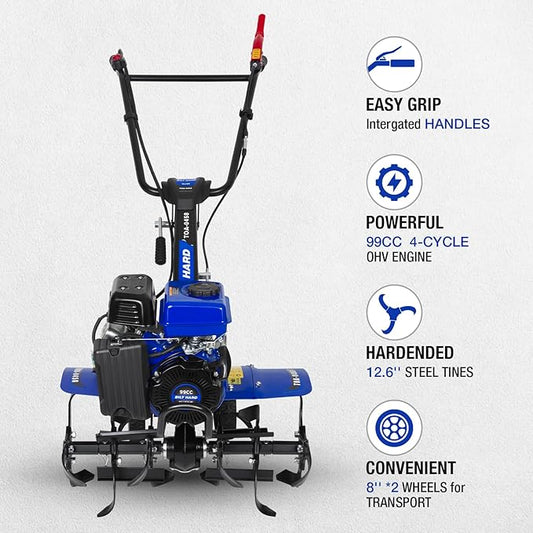 BILT HARD 24'' 99cc 4-Cycle Gas Tiller Cultivator, Variable Width Front Rotating Tines Tiller, 11.8'' Max Working Depth, Adjustable Handle & Wheels Rototiller for Weeding, Cultivating, Digging