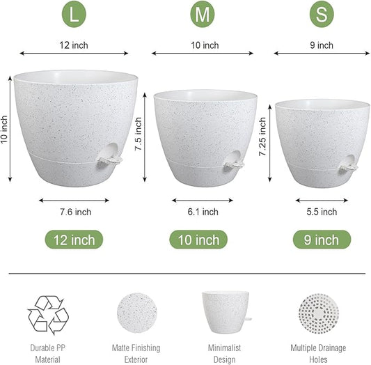 Large Self Watering Pots, 12/10/9 Plastic Planters with High Drainage Holes and Deep Reservoir for Indoor Outdoor Garden Plants and Flowers, White Speckles