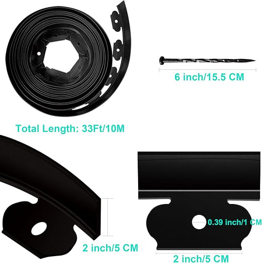 Landscape Edging Coil 33 FT, 2 Inch Tall Garden Edging Border Flexible Lawn Edging Kit with 30 Spikes, Plastic Edging for Landscaping Flower Beds Yard Pathway Paver Edging (2IN x 33FT, Black)