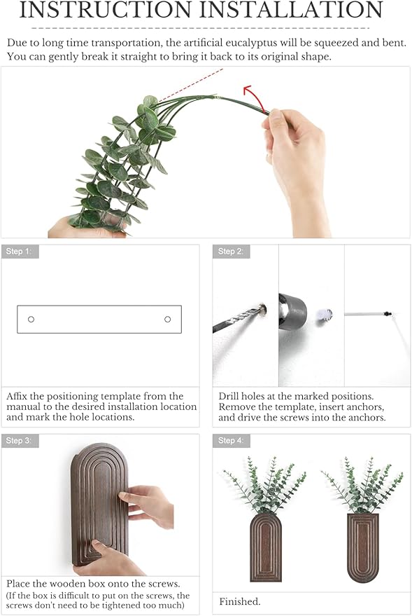 Dahey Wood Wall Vase Planter with Artificial Eucalyptus, 2 Pack Hanging Planter for Indoor Fake Plants Modern Boho Farmhouse Wall Art Decor for Bathroom Bedroom Kitchen Office Home Decoration, Brown