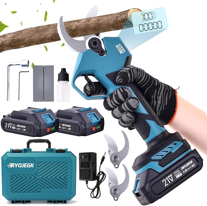 21V Brushless Electric Pruning Shears, 1.6-Inch Cutting Cordless Power Pruner with 2x2.0Ah Battery & 3 SK5 Blades, 2.4" Max Opening Garden Shears for Tree Trimming and Fruit Harvesting