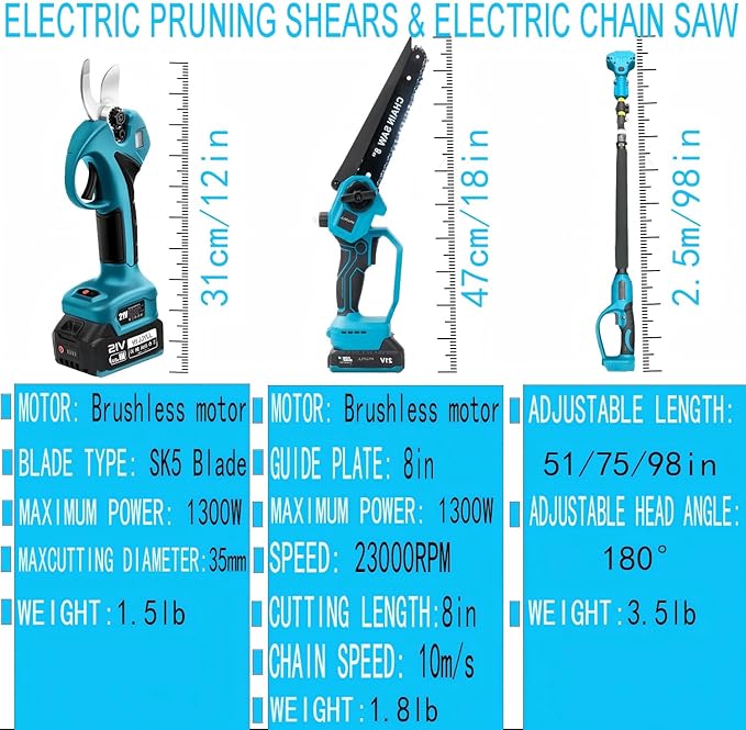 4-in-1 Cordless Pole Saw & Electric Pruning Shears, 8-inch Mini Chainsaw, Pole Pruner, Brushless Motor, Adjustable 16-ft Extension Pole, and 2×21V Battery for Tree Pruning and Timber Cutting