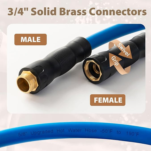 5/8" Hot/Cold Water Hose 20ft, -50℉ To 190℉ Heavy Duty,Flexible,Burst 600 Psi 3/4" Brass Fittings with Swivel Grip Handle for Outdoor,Yard, Farm, Blue