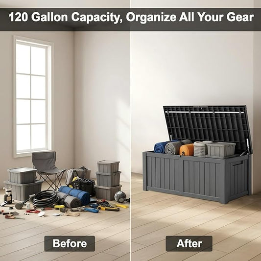 120 Gallon Resin Deck Box, Outdoor Storage Chest for Patio Furniture Cushions, Garden Tools, Pool Accessories | Lockable, Waterproof, All-Weather, Easy Assembly, Wood Grain Design