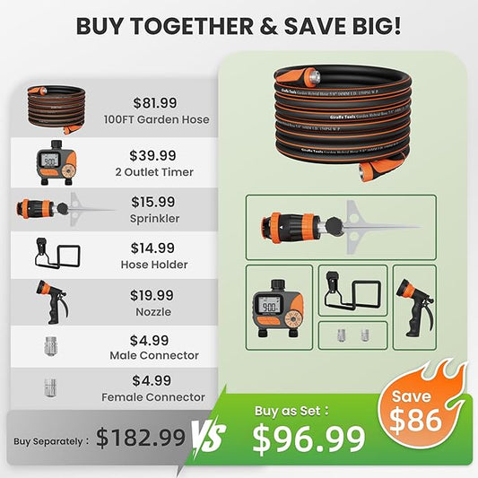 Giraffe Tools Garden Hose 100ft x 5/8", Water Hose Heavy Duty, Flexible with Watering Timer Nozzle and Yard Sprinkler, Lightweight Hybrid Hose with Swivel Handle, Male to Female Fittings